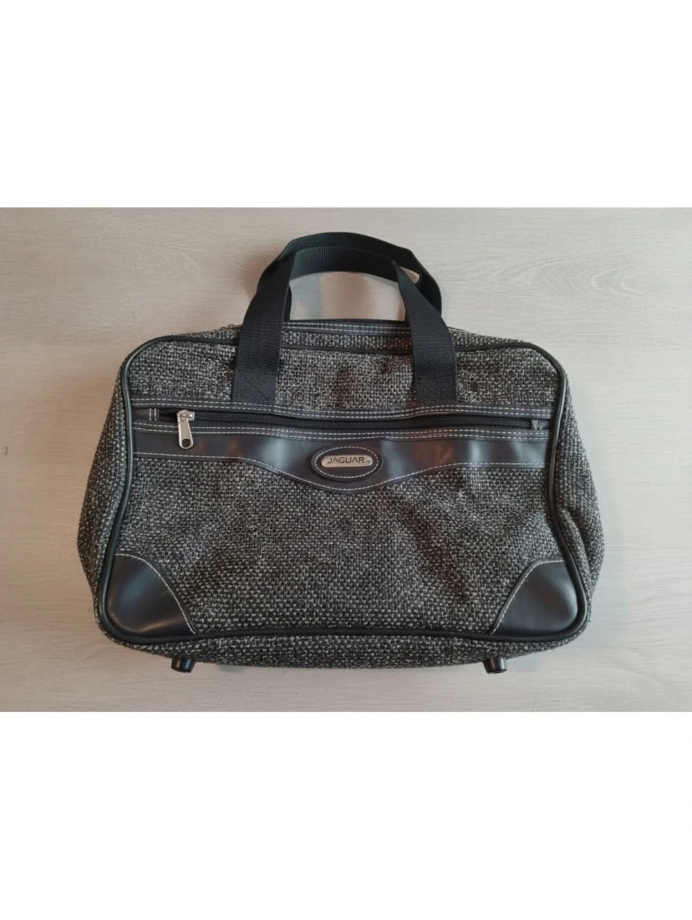 Vintage Jaguar Black & Grey Tweed Textured Satchel Handbag Faux Leather